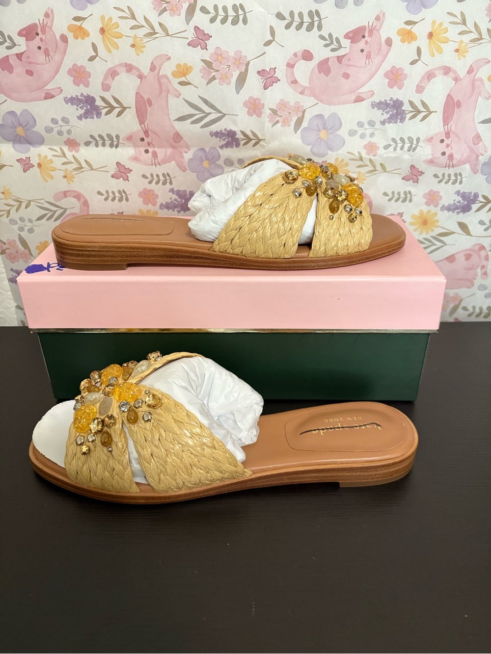 Kate Spade Dock Crystal Natural braided Raffia slide. Size 7B. #10011323. NWB